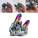 Multicolored crystal cluster held in hand with close-up shots on a white background