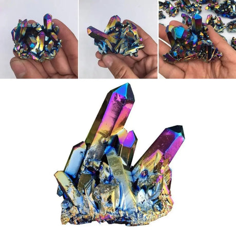 Multicolored crystal cluster held in hand with close-up shots on a white background