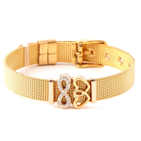 Gold bracelet with heart and infinity symbol on a white background