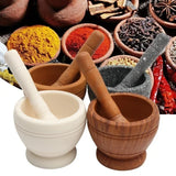 Mortars and pestles with a variety of spices in the background
