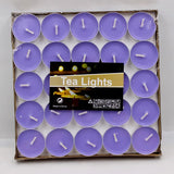 Box of purple tea lights with a visible brand label on a white background