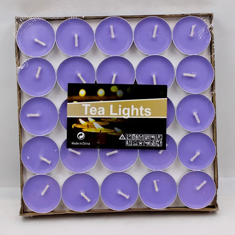 Box of purple tea lights with a visible brand label on a white background