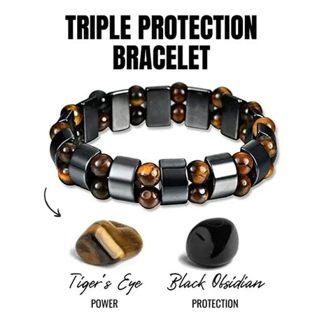 Triple protection bracelet with tiger's eye and black obsidian stones on a white background.