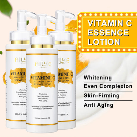 Three bottles of Vitamin C Essence Lotion with a promotional sign highlighting benefits on a light background.