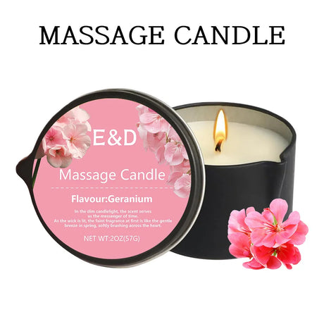 Massage candle with pink label and floral design, featuring the brand 'E&D'.