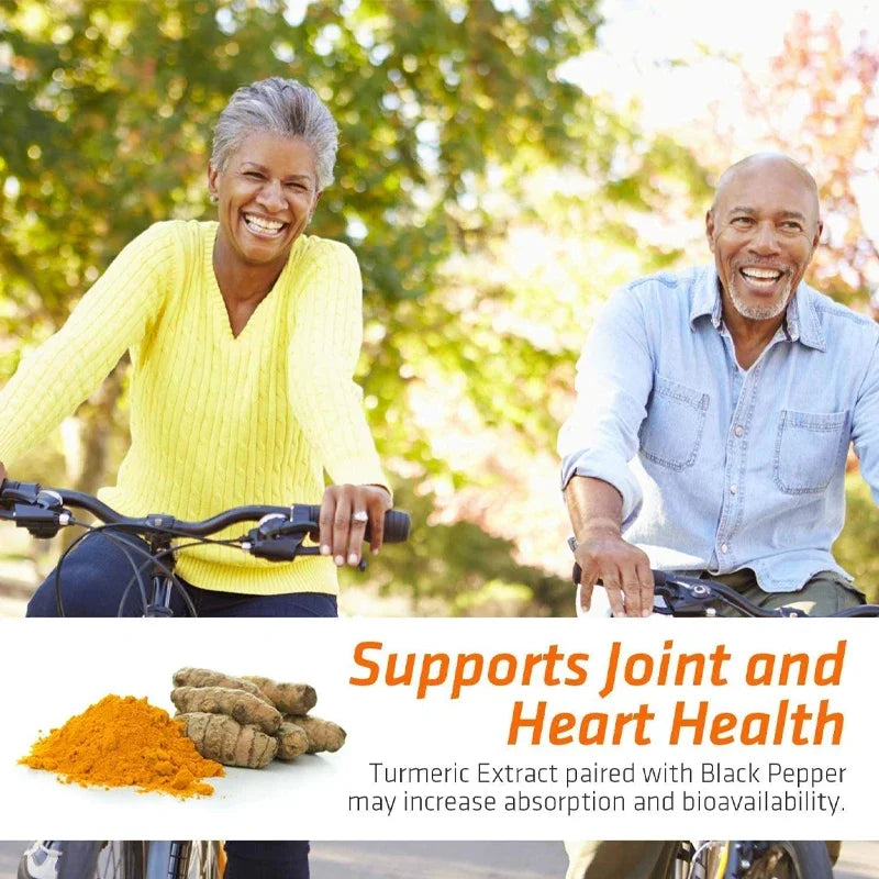 Two people riding bicycles outdoors with turmeric root and powder displayed below.