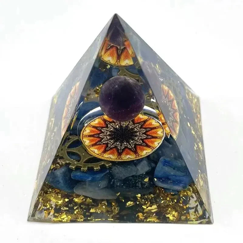 Pyramid-shaped object with decorative elements on a white background