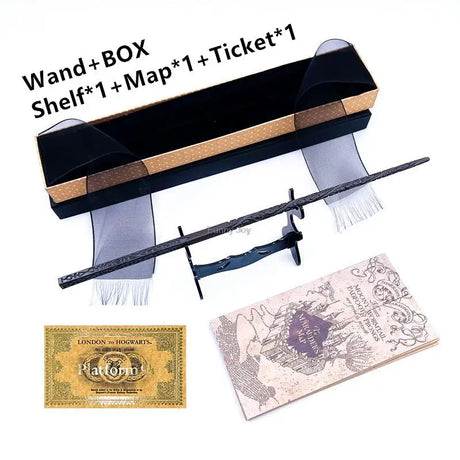 Harry Potter-themed wand, box, shelf, map, and ticket on a white background