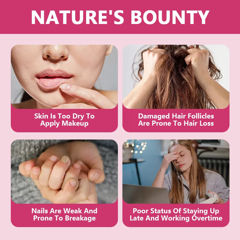 Collage of skin, hair, nail, and fatigue issues with 'Nature's Bounty' branding on a pink background.