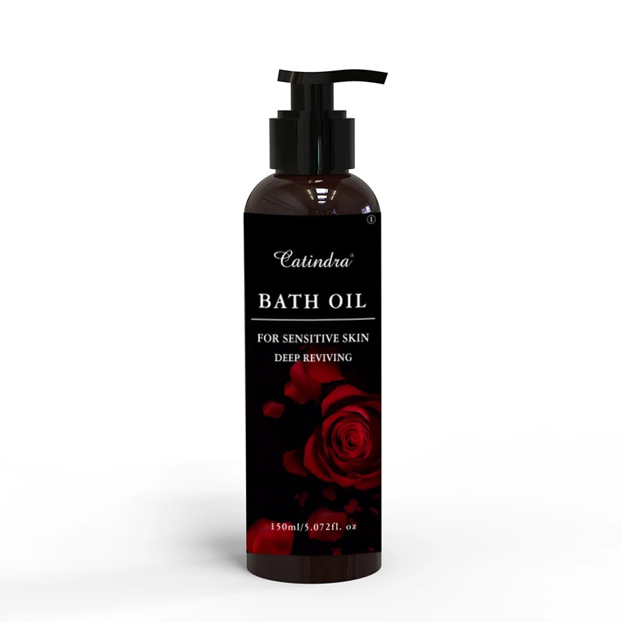 Bath oil bottle with red rose design on a white background