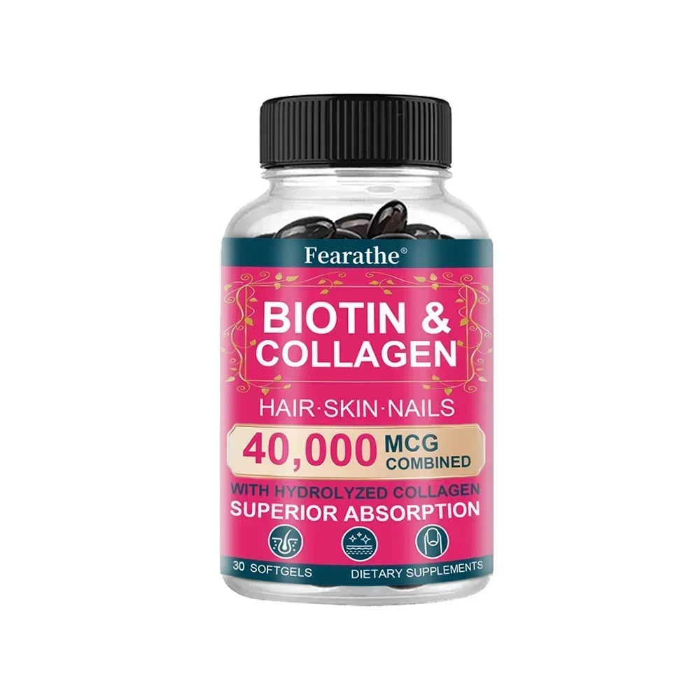 Supplement bottle labeled 'Biotin & Collagen' with pink label on a white background