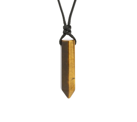 Tiger eye crystal pendant on a black cord against a white background