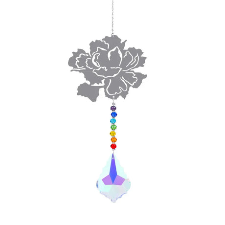 Decorative hanging ornament with floral design and rainbow-colored beads on a white background
