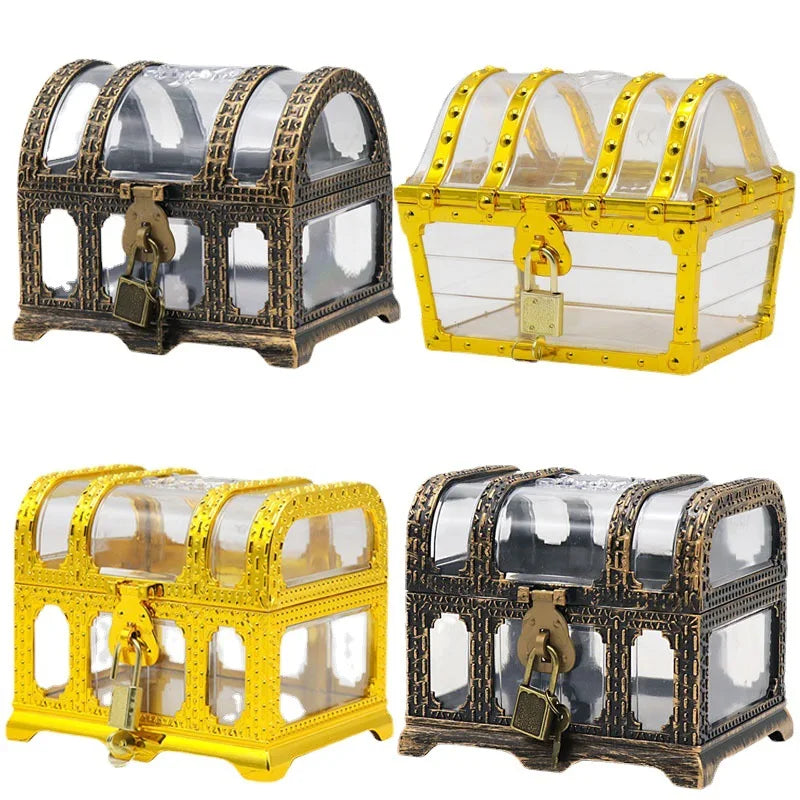 Four decorative treasure chests in yellow and bronze on a white background