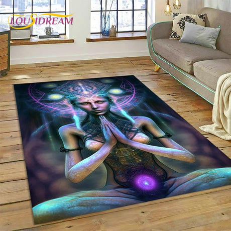 Decorative rug with a fantasy design of a woman with glowing elements in a living room.