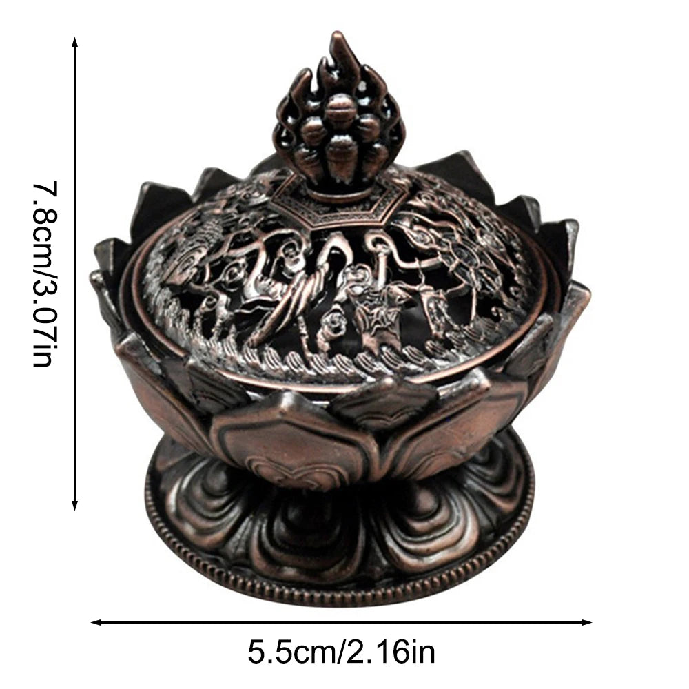 Decorative incense burner with intricate designs and measurements on a white background