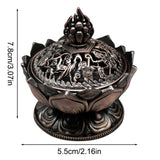 Decorative incense burner with intricate designs and measurements on a white background