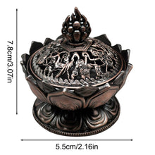 Decorative incense burner with intricate designs and measurements on a white background