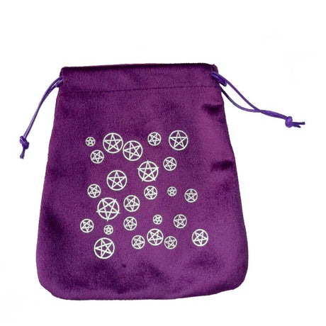 Purple drawstring bag with white pentacle designs on a white background