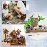 Collage of a child and adult sitting outdoors, a small garden scene with plants and stones, and a miniature house with decorative items.