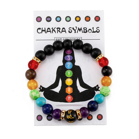 Chakra bracelet with colored beads on a card with chakra symbols and meanings.