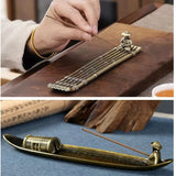 Incense burner with incense stick on a wooden surface, followed by a close-up of the same product.