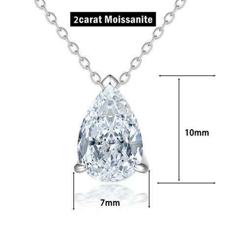 Teardrop-shaped moissanite pendant on a chain with measurements on a white background