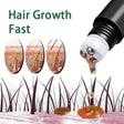 Hair growth product with illustrations of hair growth stages and a dropper applying a liquid.