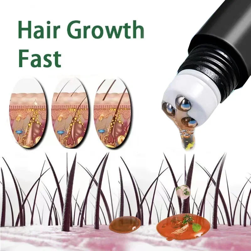 Hair growth product with illustrations of hair growth stages and a dropper applying a liquid.