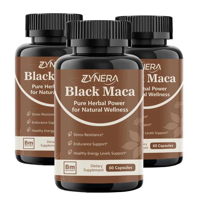 Three bottles of Zynerna Black Maca supplement on a white background