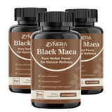 Three bottles of Zynerna Black Maca supplement on a white background