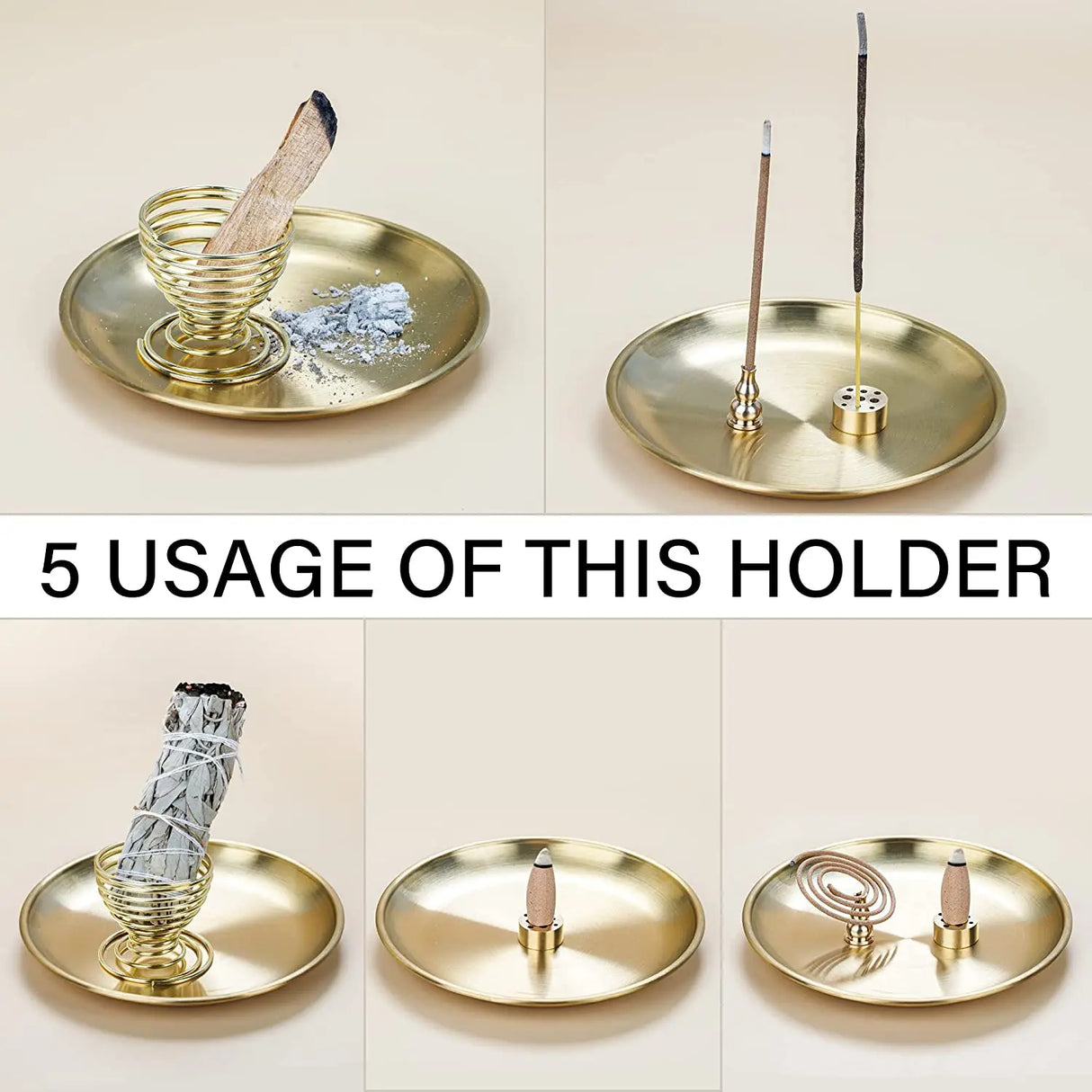 Gold incense holder with various uses on a beige background