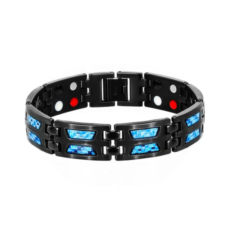 Black metal bracelet with blue accents on a white background