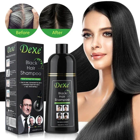 Dexe Black Hair Shampoo with packaging and a model with long black hair.