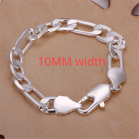 Silver chain bracelet with '10MM width' text on a brown background