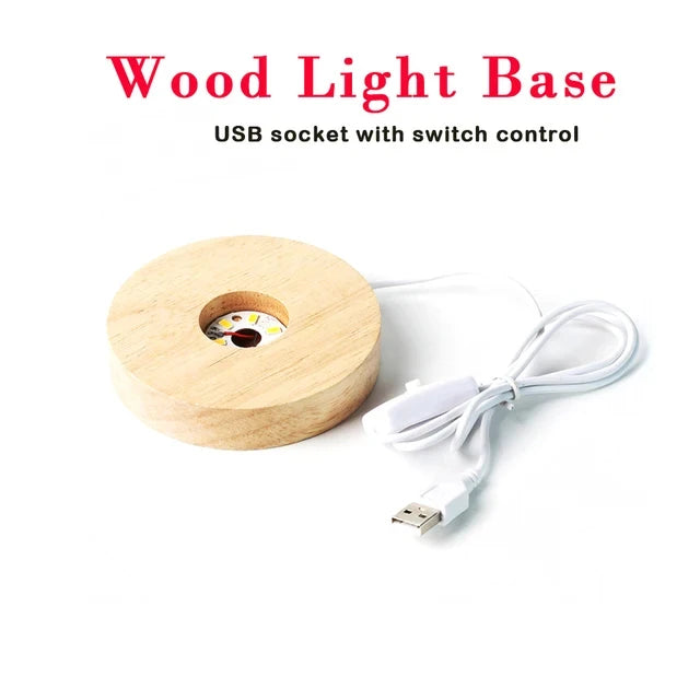 Wooden light base with USB cable and switch control on a white background