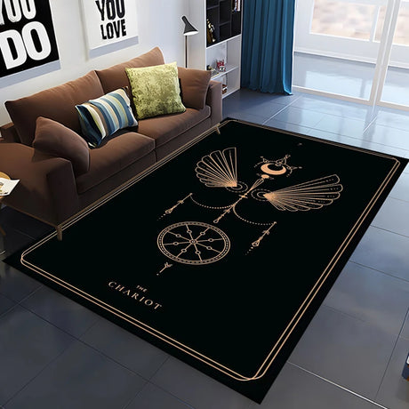 Decorative rug with astrological design on a living room floor.