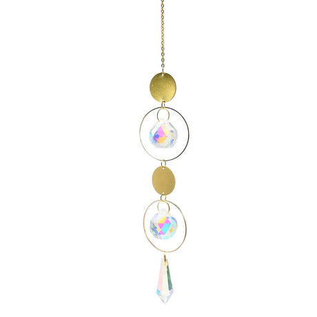 Decorative hanging ornament with gold elements and colorful crystal balls on a white background