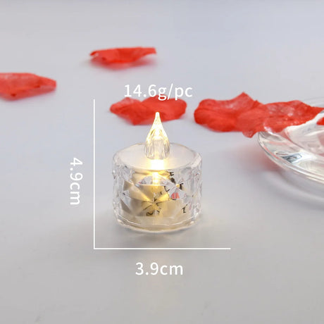 Small lit candle with measurements and weight details on a light background