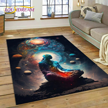 Decorative rug with a cosmic design in a living room setting