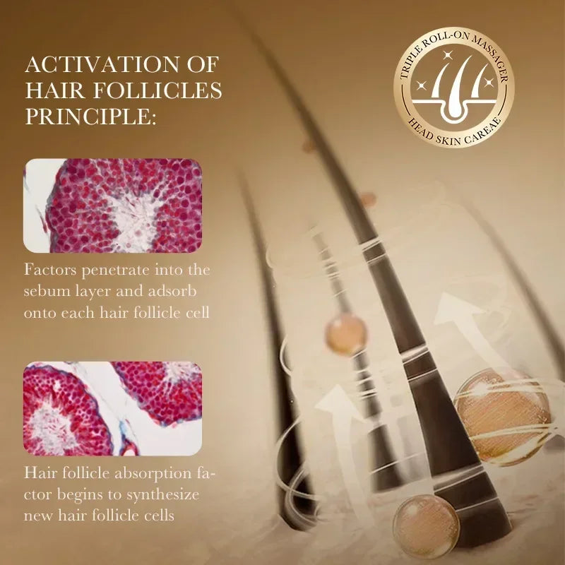 Advertisement for a triple roll-on massager with text about hair follicle activation on a beige background.