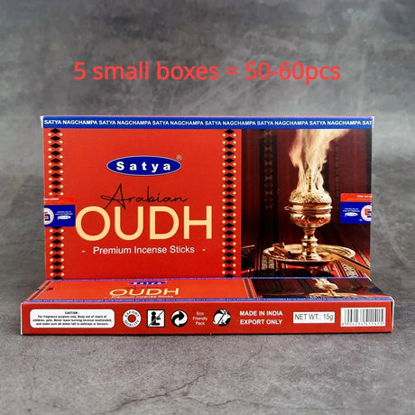 Box of Satya Arabian Oudh premium incense sticks on a gray background