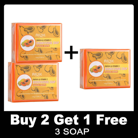 Three packages of Ailye Papaya & Vitamin C Brightening Soap on a white background with promotional text.