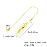 Gold necklace with bullet-shaped pendant and measurements on a white background