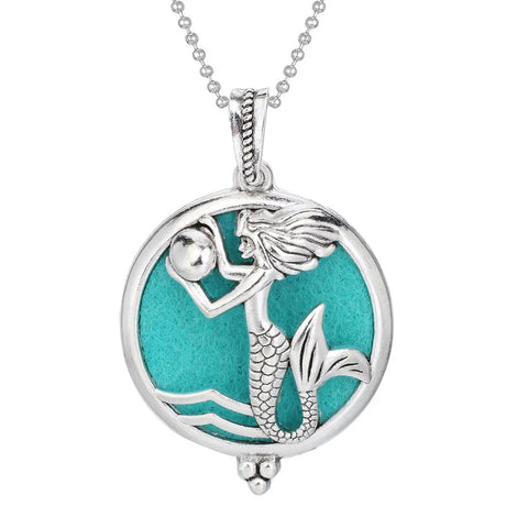 Mermaid pendant necklace with turquoise background on a white background