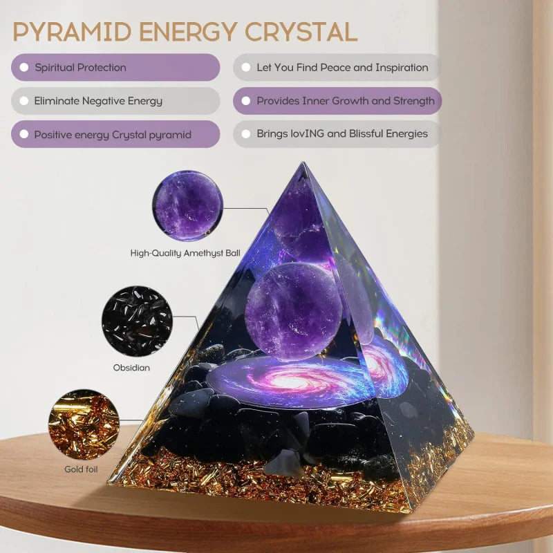 Pyramid energy crystal with features listed on a white background