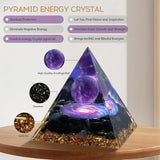 Pyramid energy crystal with features listed on a white background