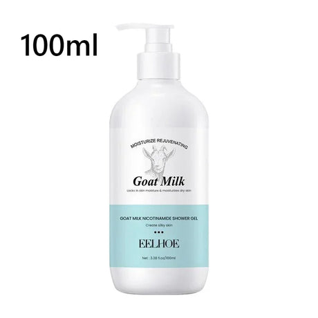 Bottle of goat milk shower gel with pump on a white background