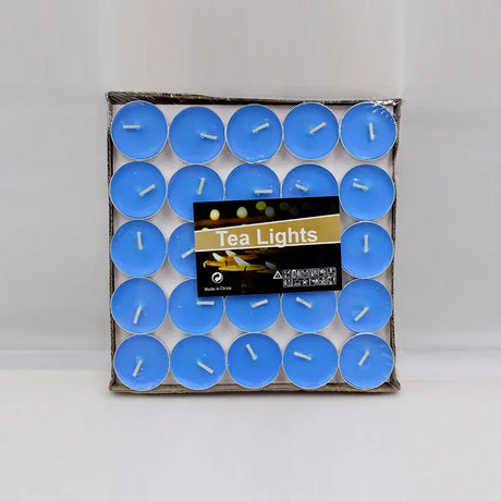 Pack of blue tea lights with a visible brand label on a white background