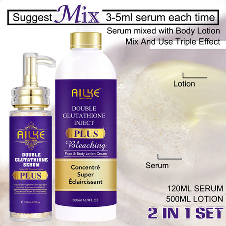 Ailke Double Glutathione Serum and Lotion set with text on usage and product details.